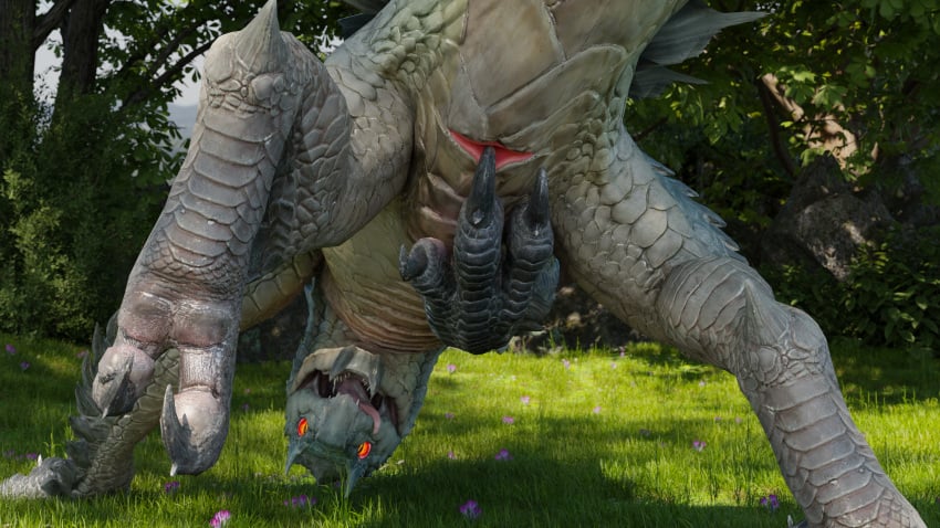 16:9 3d_(artwork) absurd_res animal_genitalia ass blender_(software) blender_cycles capcom claws cloaca detailed_background digital_media_(artwork) fanged_wyvern feral forest genitals hi_res huge_filesize integlol inviting looking_at_viewer male monster_hunter open_mouth plant presenting presenting_cloaca presenting_hindquarters raised_leg raised_tail scales solo spread_cloaca spreading tobi-kadachi toe_claws toe_curl tongue tongue_out tree video_games widescreen