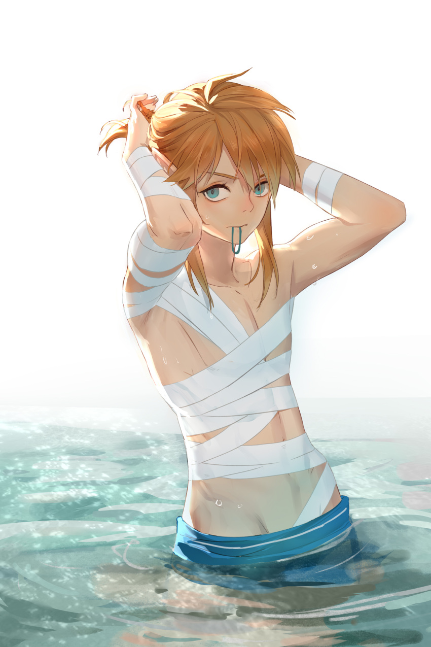 1boy androgynous bandages bangs bishonen blonde_hair blonde_hair_male blonde_male blue_eyes blue_pants breath_of_the_wild cowboy_shot effeminate eyelashes femboy feminine_male groin hair_tie hair_tie_in_mouth hand_in_hair hand_in_own_hair light-skinned_male link link_(breath_of_the_wild) looking_away looking_to_the_side male male_focus male_only medium_hair mouth_hold no_shirt ocean pale-skinned_femboy pale-skinned_male partially_submerged sidelocks skinny solo solo_focus solo_male swept_bangs the_legend_of_zelda the_legend_of_zelda:_breath_of_the_wild thin thin_male topless_male twink tying_hair v_shaped_eyebrows water white_background white_skin