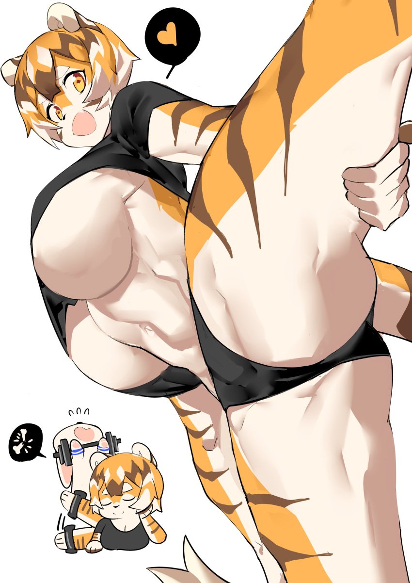 1boy 1girls amber_eyes anthro arknights aspirindabaitu big_breasts breasts female furry gym heart legs_up looking_at_viewer muscular muscular_female mx99926 rabbit rabbit_boy short_hair smile spoken_heart tagme tiger tiger_girl train_position training waai_fu_(arknights)