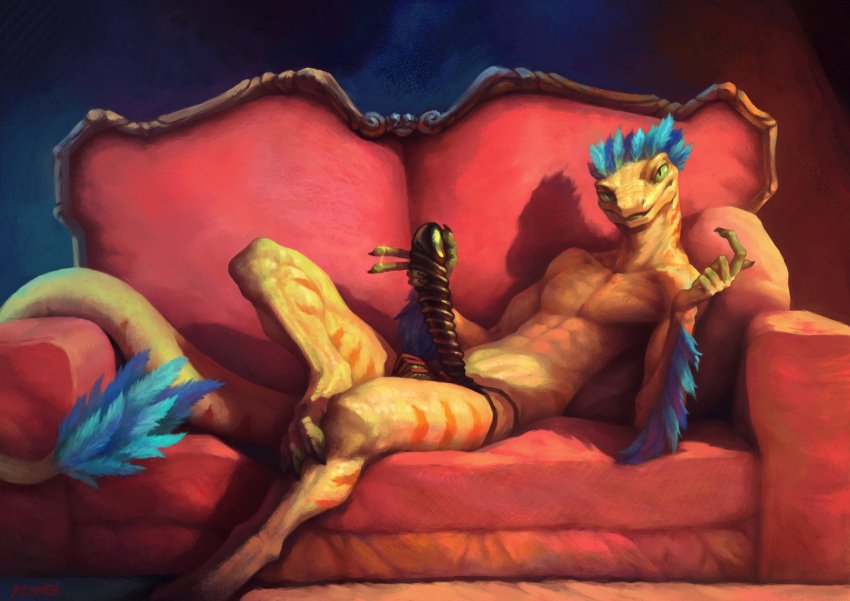 anthro biped chastity_cage chastity_device claws feathered_snake feathered_tail feathers furniture genitals hi_res klongi looking_at_viewer male penis reptile scaled_body scales scalie snake sofa solo strap-on strap-on_over_chastity