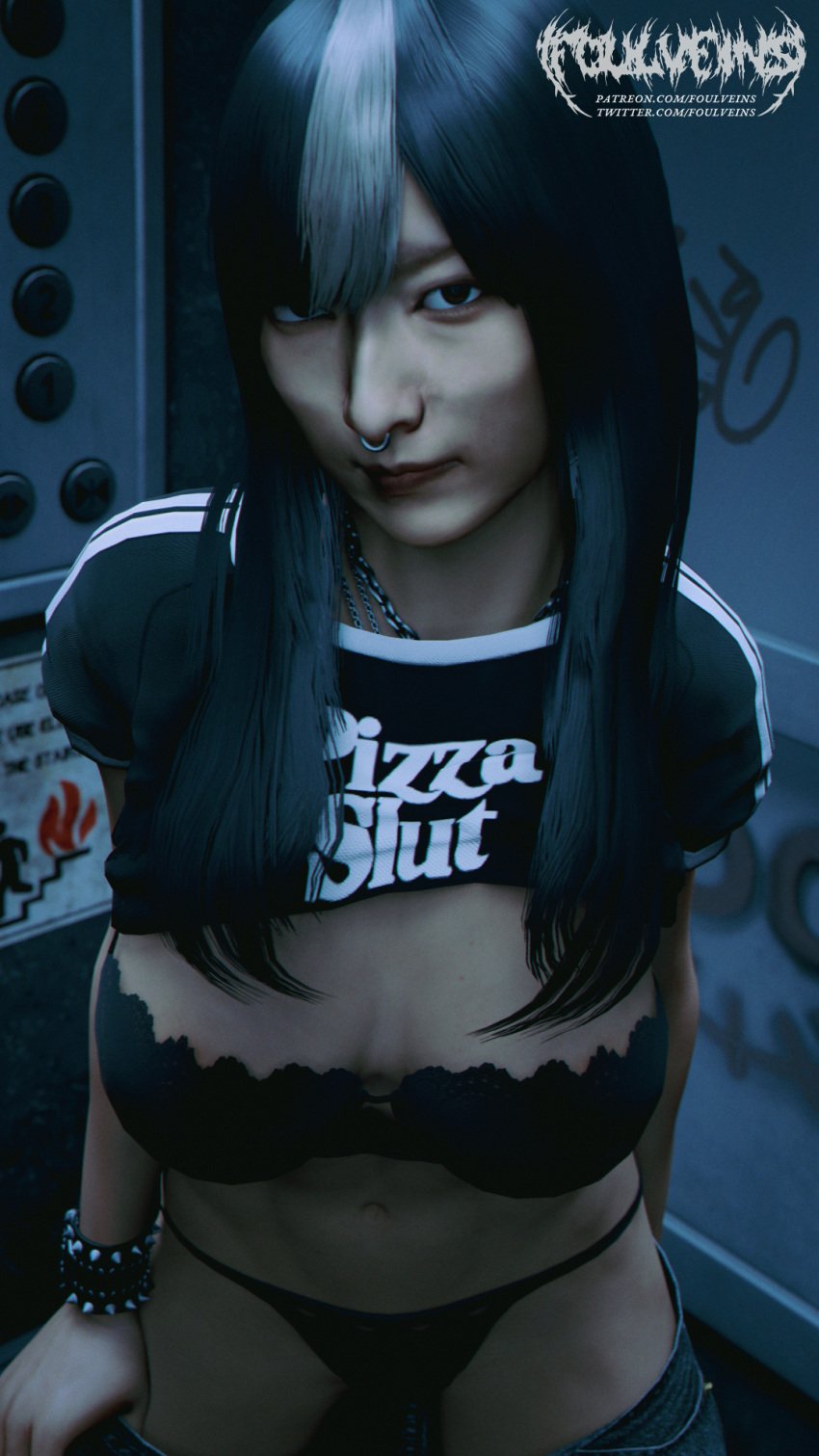 1girls 3d abs big_breasts black_hair bra breasts buttons chain_necklace chains dark_lipstick elevator female female_only foulveins from_above goth goth_girl graffiti hand_on_thigh large_breasts lipstick looking_at_viewer metalhead midriff muscular muscular_female navel neckwear nose_piercing okawa_hotaru original_character panties pants_down punk punk_girl ryuu_ga_gotoku sexually_suggestive shirt shirt_lift solo solo_female solo_focus studded_bracelet t-shirt text_on_clothing two_tone_hair white_hair