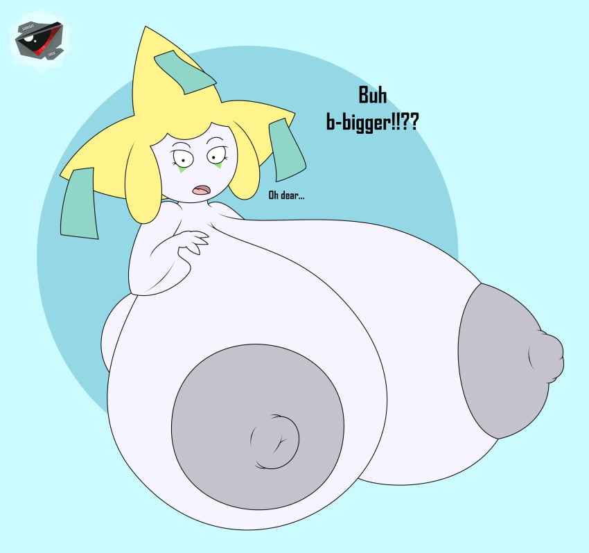 anthro ass big_breasts breast_expansion breasts concerned dialogue hand_on_breast huge_breasts hyper hyper_breasts jirachi looking_at_viewer nintendo nipples pokemon pokemon_(species) pussy shortstack sorcius_(artist) tagme text thick_thighs thighs