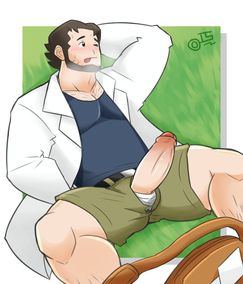 balls beard big_penis birch_(pokemon) blush boner chest_hair erection facial_hair fully_clothed game_freak gay hand_behind_head labcoat male male_only nintendo npc_trainer one_eye_closed overweight overweight_male penis penis_out penis_through_fly pokemon pokemon_oras pokemon_professor pokemon_rse shorts solo solo_male spread_legs steamy_breath sweatdrop sweating tawan.lupin tongue_out