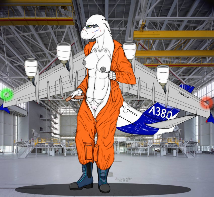 aeromorph aeromorpha380 aircraft anthro biped boots breasts clothing female footwear genitals hangar living_aircraft living_machine living_vehicle machine metallic_body nipples pussy solo undressing vehicle white_body wings