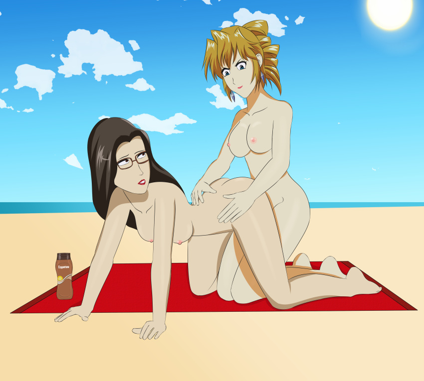 2girls agent_aika aika_sumeragi all_fours anoneysnufftan applying_sunscreen ass baroness_(g.i._joe) beach blonde_hair blue_eyes breasts brown_hair coppertone crossover defeated defeated_villainess earrings eastern_and_western_character edasbild embarrassed embarrassed_nude_female female female_only g.i._joe glasses human humiliation imminent_death killer_lotion kneeling light-skinned_female light_skin long_hair lotion_bottle massage multiple_girls murder nipples nude ocean peril punishment rubbing sand seaside short_hair sky snuff summer sunbathing towel