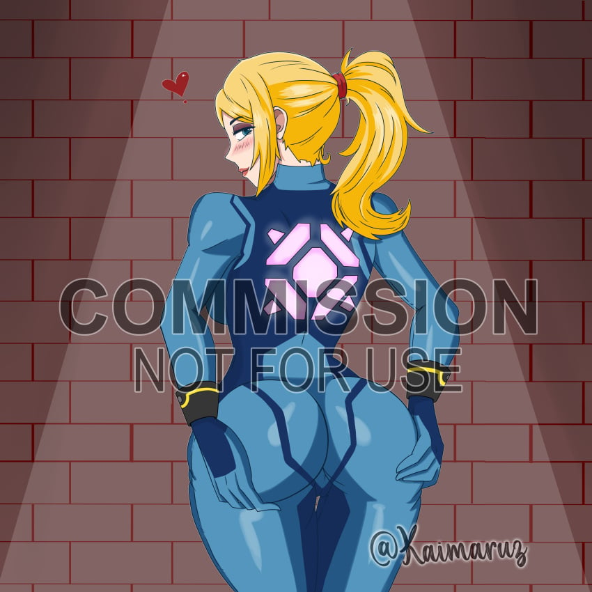 ass_focus big_ass big_butt blonde_hair blue_eyes bodysuit cameltoe fanart huge_ass kaimaruz latex_suit metroid nintendo samus_aran signature soft_nsfw variable watermark zero_suit_samus