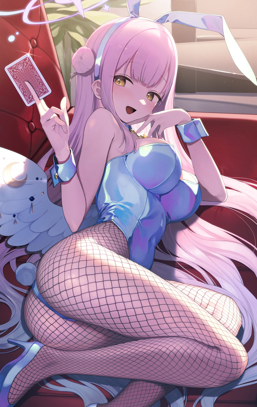 ass blue_archive bunny_ears bunny_tail bunnysuit female fishnets high_heels leotard long_hair mika_(blue_archive) pink_hair signalviolet smile tagme tagme_(artist) tea_party_(blue_archive) trinity_general_school_student wrist_cuffs yellow_eyes