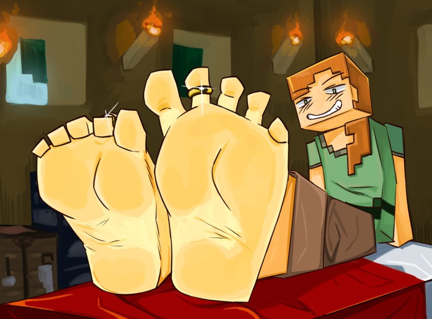 alex_(minecraft) block feet foot_fetish green_eyes minecraft orange_hair soles square_head ssunsalm toe_ring