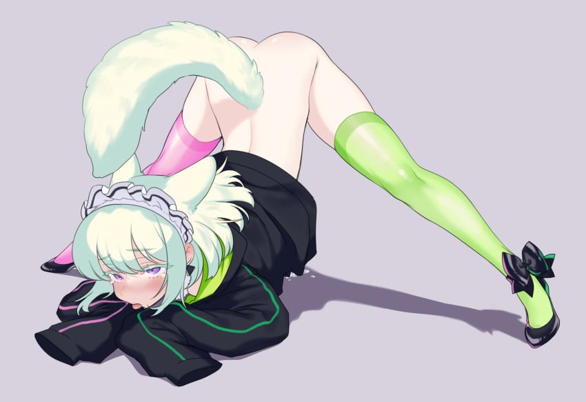 1boy animal_ears aqua_hair ass black_footwear blush bottomless burrrntlemon cum femboy girly green_socks green_thighhighs high_heels highres jack-o'_challenge jacket lio_fotia maid_headdress male male_focus male_only otoko_no_ko pink_theme promare purple_eyes silhouette sleeves_past_wrists socks tail tears thigh_socks thighhighs tongue tongue_out trap