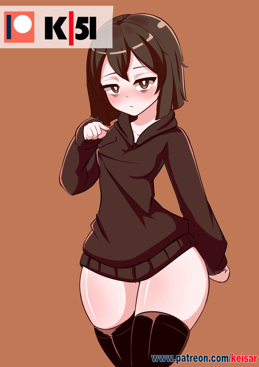 1girls 2022 black_hair blush brown_eyes eye_bags hoodie keisar_(artist) nitta_(keisar) no_pants original patreon_username short_hair skindentation small_breasts standing tagme thick_thighs thighhighs thighs