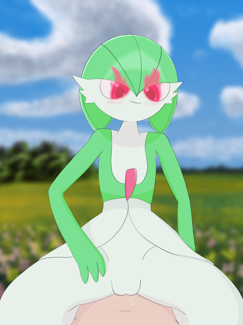 3:4 absurd_res alpha_pokémon bodily_fluids clothing cowgirl_position digital_media_(artwork) dress duo female field first_person_view flaming_eyes flat_chested from_front_position gardevoir generation_3_pokemon green_hair hair hi_res human humanoid humanoid_genitalia interspecies male male/female mammal nintendo on_bottom on_top penetration penile penile_penetration penis_in_pussy piipperi pokemon pokemon_(species) pokephilia red_eyes sex vaginal_penetration vaginal_penetration video_games white_body white_clothing white_dress