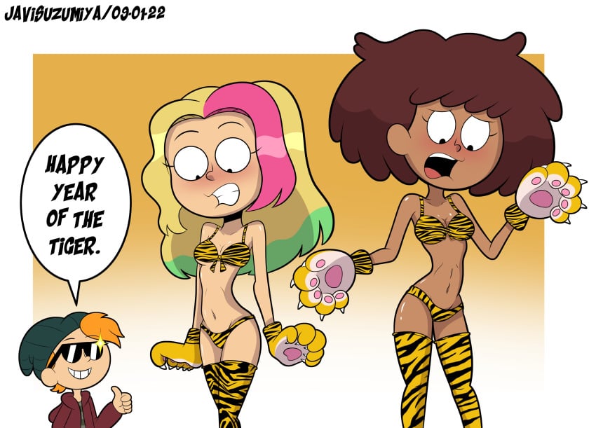 2girls amphibia anne_boonchuy bikini chinese_new_year chocolate_and_vanilla dark-skinned_female disney disney_channel embarrassed happy_new_year javisuzumiya light-skinned_female molly_jo multiple_girls paws shades smooth_skin sprig_plantar tiger_print twig_(amphibia) year_of_the_tiger