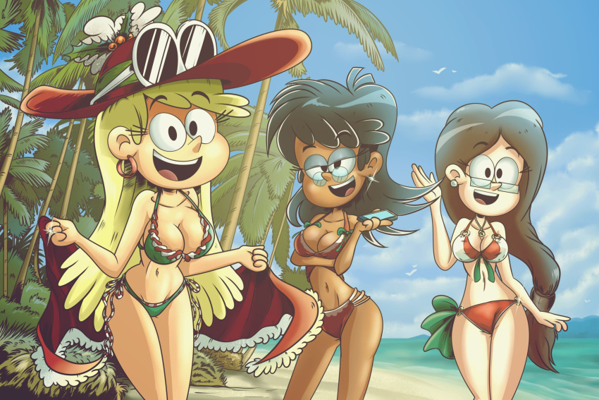 3girls amanda_bright beach bikini breasts christmas_outfit dark-skinned_female female female_focus female_only leni_loud light-skinned_female looking_at_viewer multiple_girls oc ruhisuart the_loud_house