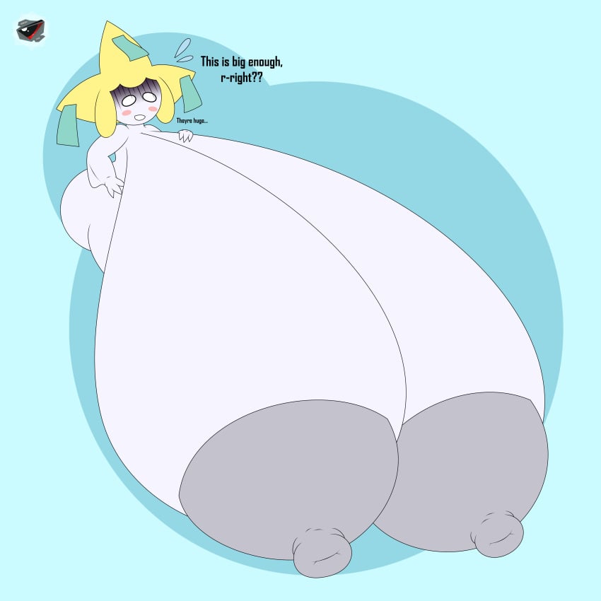 anthro ass big_ass big_breasts big_nipples big_thighs blush breast_expansion breasts dialogue hand_on_breast huge_breasts hyper hyper_breasts jirachi massive_breasts nintendo nipples pokemon pokemon_(species) pussy shocked shortstack sorcius_(artist) tagme text thick_thighs thighs