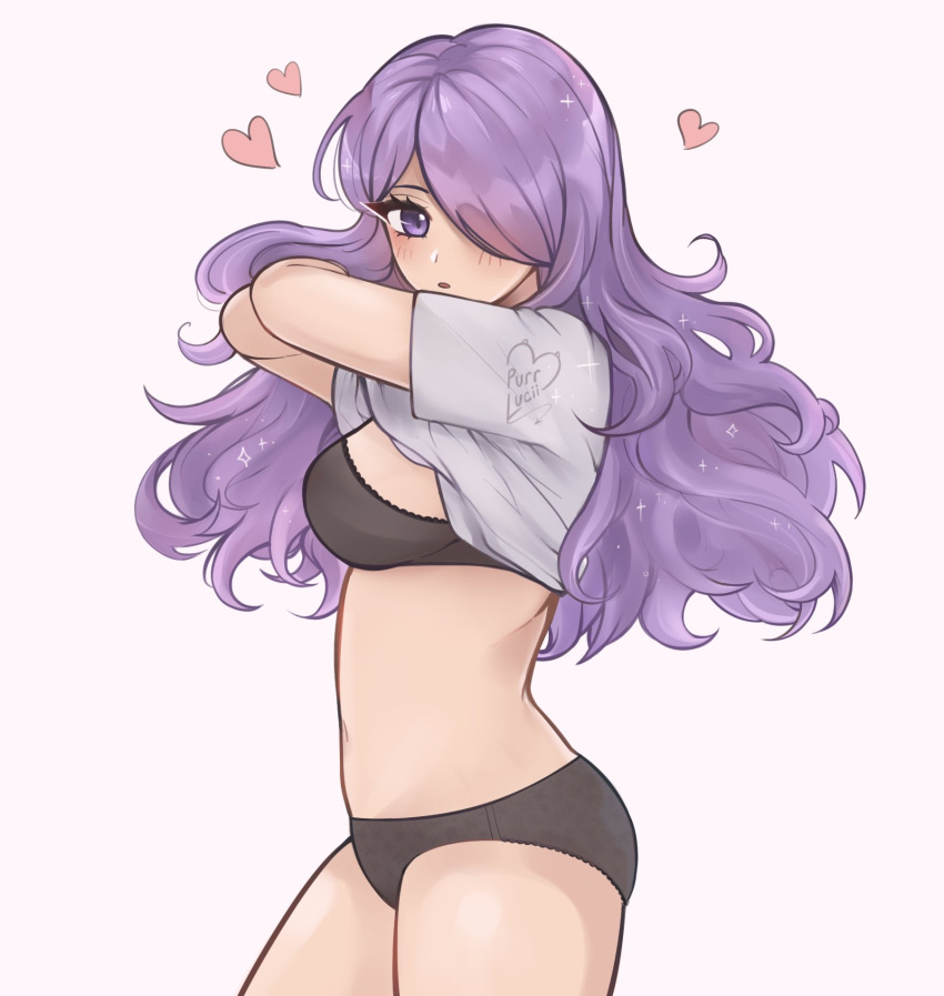 1girls big_breasts black_bra black_panties bra breasts busty camilla_(fire_emblem) clothes_lift female female_only fire_emblem fire_emblem_fates from_side hair_over_one_eye heart highres large_breasts legs long_hair looking_at_viewer navel nintendo panties purple_eyes purple_hair purrlucii shirt_lift sideboob solo thighs underwear undressing