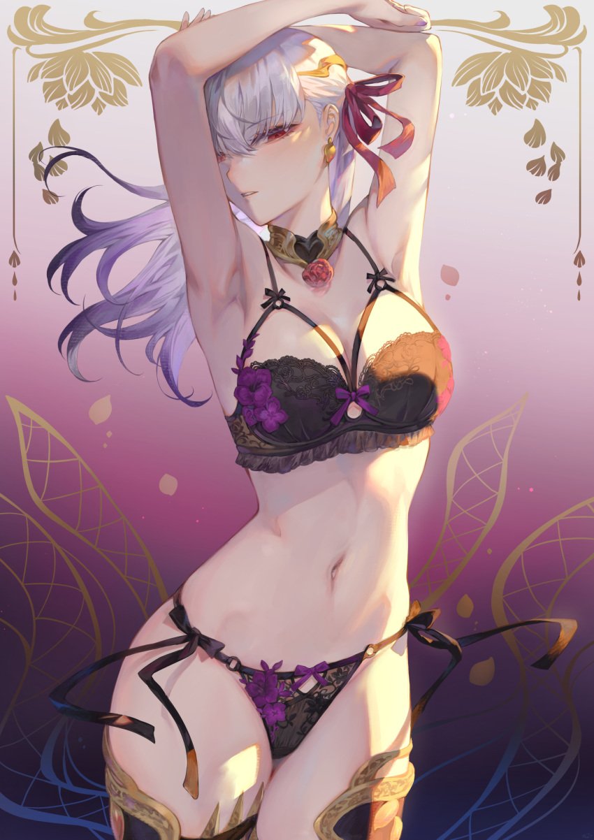 1girls big_breasts blonde_hair breasts earrings fate/grand_order fate_(series) female jewelry kama_(fate) kama_(fate/grand_order) lingerie lingerie_bouquet mashu_003 navel panties posing red_eyes solo solo_female