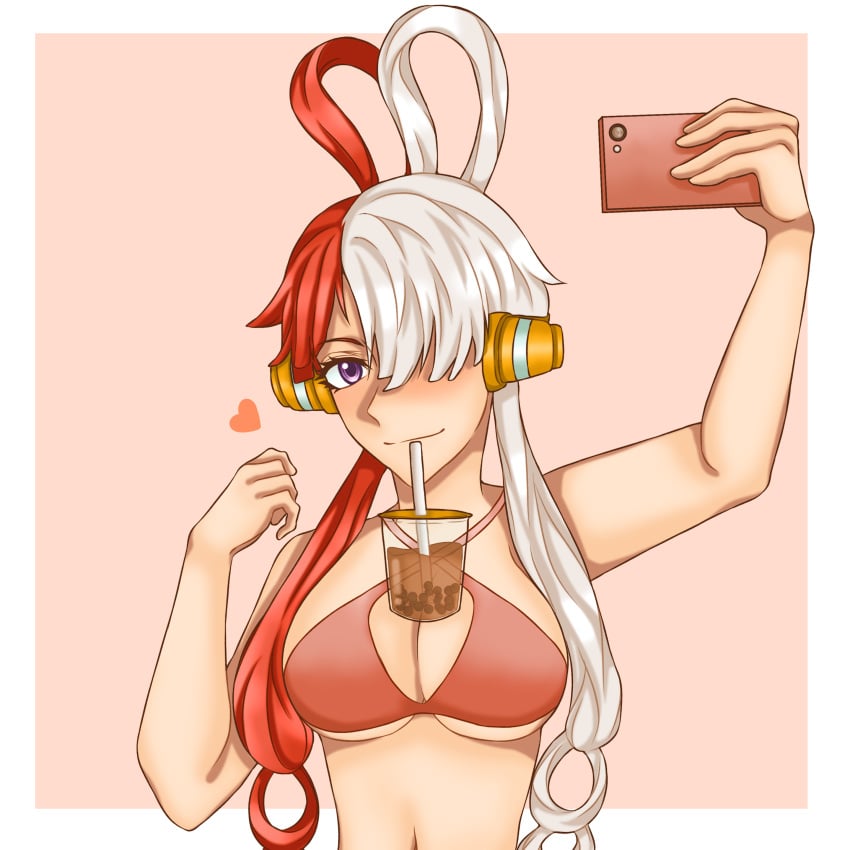 big_breasts bikini bubble_tea_challenge female female_only nathaniasyarah one_eye_covered one_piece purple_eyes red_hair selfie uta_(one_piece) white_hair