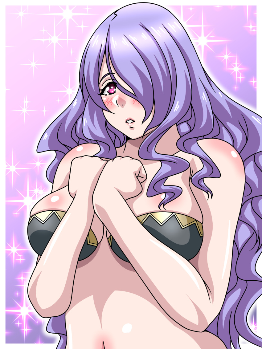 1girls blush bra breasts camilla_(fire_emblem) female female_only fire_emblem fire_emblem_fates hair_over_one_eye inabakun00 large_breasts long_hair nintendo pink_eyes purple_hair solo sparkles underwear very_long_hair