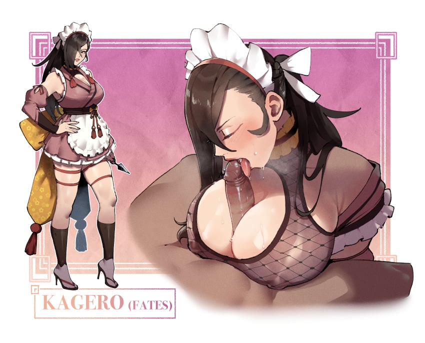 1boy 1girls adapted_costume alternate_costume bare_legs big_breasts breasts breasts_out brown_eyes brown_hair cleavage closed_eyes deep_cleavage deepthroat_mark detached_sleeves fellatio female fire_emblem fire_emblem_fates fishnets hair_over_one_eye high_heels interracial kagero_(fire_emblem) knife large_breasts legs licking licking_penis light-skinned_female light-skinned_male light_skin lipstick lipstick_mark lipstick_on_penis lipstick_ring long_hair maid maid_headdress maid_uniform makeup nail_polish nintendo oral paizufella paizuri paizuri_under_clothes penis penis_lick pink_nails ponytail red_lips red_lipstick saliva thiccwithaq thick_thighs weapon