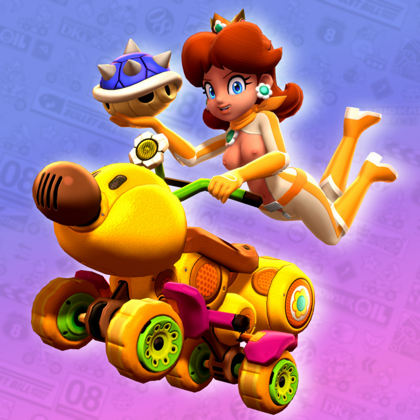 3d alternate_version_at_source alternate_version_available auburn_hair blue_eyes blue_shell bodysuit brown_hair exposed_breasts freckles looking_at_viewer mario_(series) mario_kart nintendo onmodel3d princess_daisy red_hair spiny_shell spiny_shell_(mario_kart) tan_skin unzipped unzipped_bodysuit wiggler