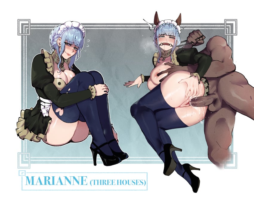 1boy 1girls adapted_costume ahe_gao alternate_costume ass balls bangs bare_thighs big_breasts black_panties blue_hair blush bondage breasts cleavage dark-skinned_male dark_skin dat_ass ear_piercing female femsub fire_emblem fire_emblem:_three_houses gag garreg_mach_monastery_uniform genital_fluids grey_eyes heart heart_cutout high_heels interracial large_ass large_breasts legwear light-skinned_female light_blue_hair light_skin maid maid_headdress maid_uniform maledom marianne_von_edmund mouth_gag nervous nervous_smile nintendo panties pantyshot pantyshot_(sitting) penetration penis piercing sex short_hair shy sitting smile source_request testicles thiccwithaq thick_thighs thighhighs thighs underwear upskirt vaginal_penetration vaginal_sex wavy_mouth