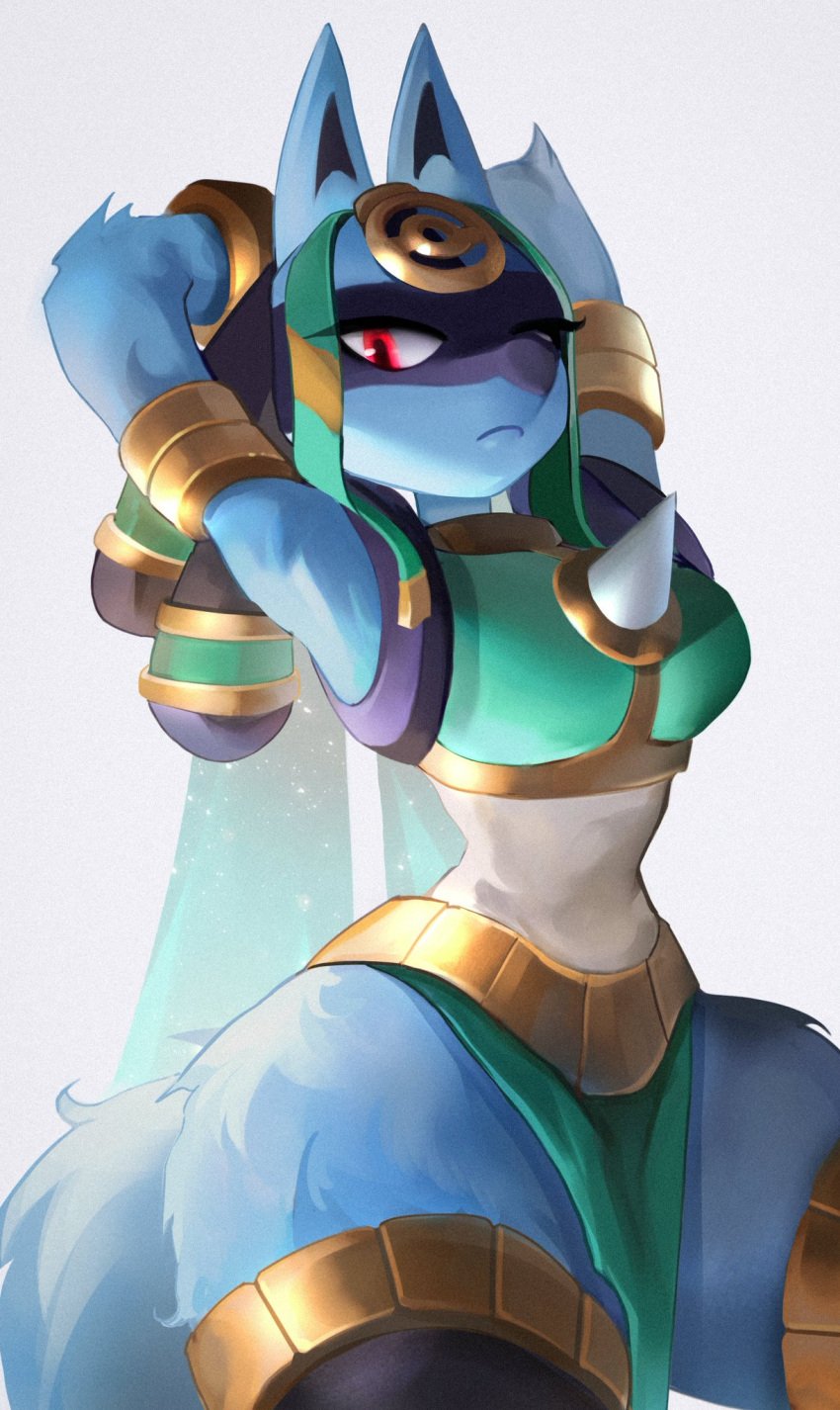 1girls 2020s 2022 anthro anthro_focus anthro_only anthrofied arms_behind_head arms_up ass beige_skin belly big_ears big_hips big_tail black_hair blue_body blue_fur bracelet bracelets breasts clothed clothed_female clothes clothing cropped cropped_image cropped_legs ear ears_up egyptian egyptian_clothes egyptian_clothing egyptian_female eyelashes eyes eyes_open fanart female female_focus female_lucario fluff fluffy fluffy_ears fluffy_tail frown frowning fur furry furry_female furry_only furry_tail game_freak generation_4_pokemon girl gold_(metal) gold_jewelry hair half-dressed half_dressed half_naked half_nude hands_behind_head hips humanoid humanoid_genitalia jewelry long_hair looking_at_viewer looking_down lucario mammal mammal_humanoid momikacha neck nintendo partially_clothed partially_clothed_female poke_ball pokeball pokemon pokemon_(species) pokemon_dppt presenting red_eyes robe ruins_style_lucario showing showing_off simple_background snout solo solo_female solo_focus spikes spikes_(anatomy) tail thick_thighs thighs two_tone_body two_tone_fur video_game video_game_character video_game_franchise video_games white_background wide_hips