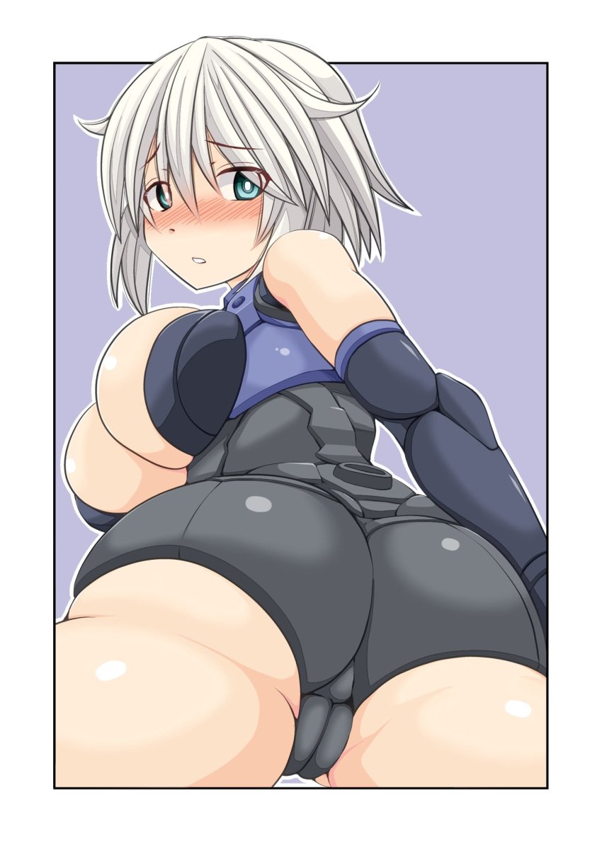 30_minutes_sisters ass blue_eyes blush breasts cameltoe cowboy_shot elbow_gloves embarrassed female flustered gloves highres imagawa_akira large_breasts looking_at_viewer looking_back looking_down mecha_musume open_mouth rishetta_(30ms) short_hair solo white_hair