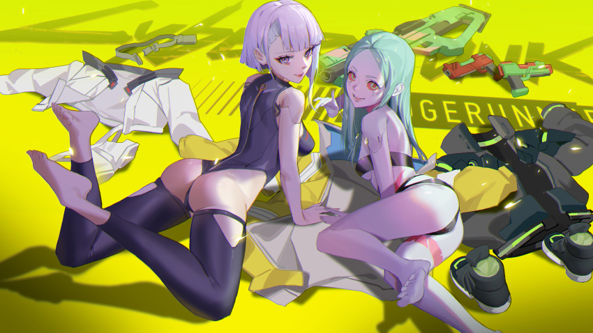 2girls ass body_markings breasts cd_projekt_red cybernetics cyberpunk:_edgerunners cyberpunk_2077 cyborg duo eye_contact feet female female_only green_eyes legwear leotard long_hair looking_at_viewer lucyna_kushinada lying lying_on_stomach mumei_(artist) netflix rebecca_(edgerunners) red_sclera short_hair size_difference small_breasts studio_trigger thighhighs thighs