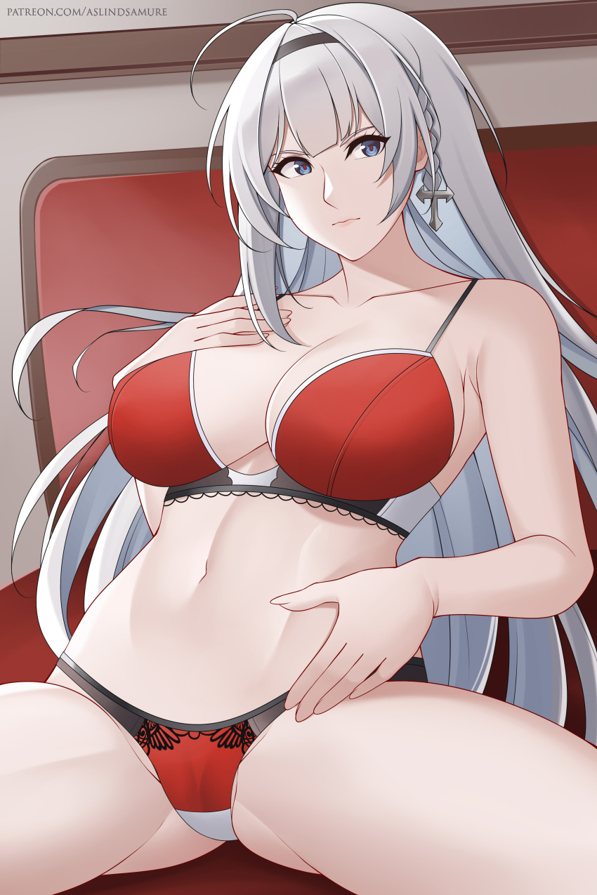 1girls aslindsamure azur_lane belly big_breasts bra breasts breasts_out commentary_request female female_only iron_blood_(azur_lane) light-skinned_female light_skin lingerie mainz_(azur_lane) panties red_bra red_panties solo underwear