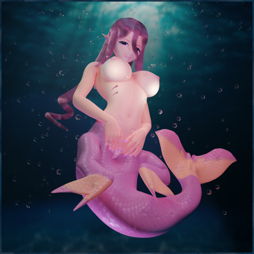 3d 3d_(artwork) absurd_res breasts bubble digital_media_(artwork) female fin fish_tail genitals glistening glistening_body glistening_skin hi_res humanoid looking_at_viewer marine merfolk meroune_lorelei meroune_lorelei_(monster_musume) monster_girl monster_girl_(genre) monster_musume monster_musume_no_iru_nichijou pussy scales solo split_form tailsltx underwater water