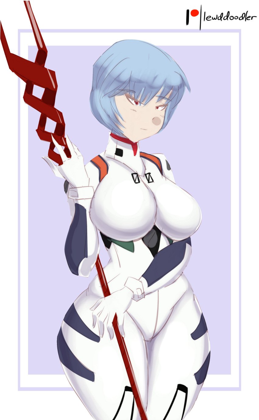 1girls big_breasts blue_hair bodysuit breasts clothing curvy female female_only grey_hair huge_breasts human lance_of_longinus lewddoodler looking_at_viewer neon_genesis_evangelion pale-skinned_female pale_skin pilot_suit plugsuit red_eyes rei_ayanami short_hair solo spear thick_thighs voluptuous weapon wide_hips