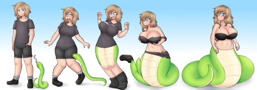 1girls bimbo bimbofication breast_expansion female flybeeth gender_transformation glasses huge_breasts lamia looking_at_viewer male mind_control monster_girl mtf_transformation naga nipples oc original original_character snake_girl species_transformation transformation transformation_sequence