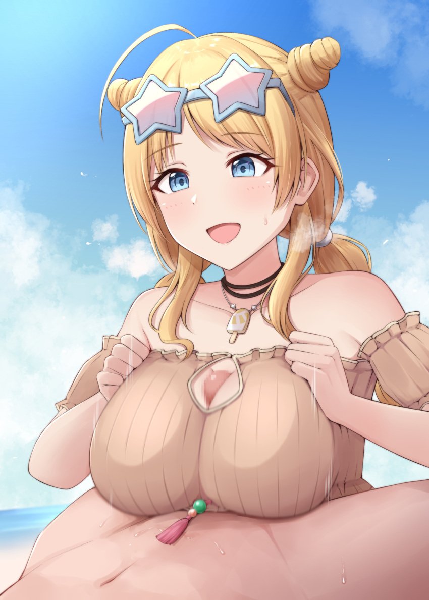 1boy blonde_hair blue_eyes blue_sky breasts cloud day eyewear_on_head female hachimiya_meguru highres idolmaster idolmaster_shiny_colors kata2yama large_breasts open_mouth outdoors paizuri sky straight sunglasses