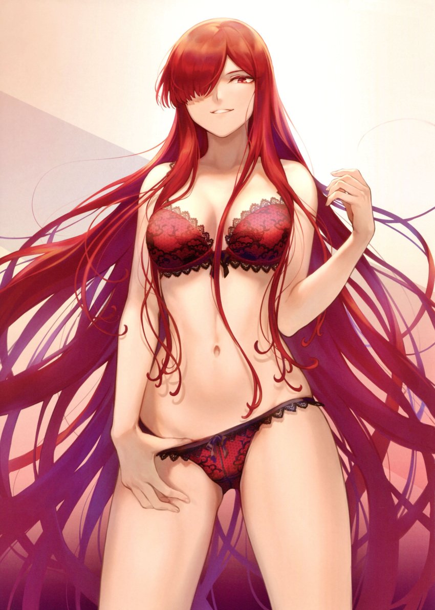 1girls big_breasts breasts breasts_apart fate/grand_order fate_(series) female female_only gloves hair_between_breasts hat lingerie looking_at_viewer mashu_003 midriff navel oda_nobunaga_(fate) picot_trim picot_trim_bra picot_trim_lingerie picot_trim_panties red_eyebrows red_eyelashes red_eyes red_hair red_lingerie solo