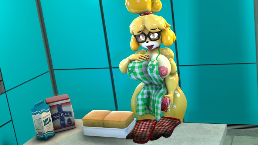 1futa 2021 3d_(artwork) accessory animal_crossing anthro apron apron_only bell biceps big_breasts blonde_hair bodily_fluids bread breasts brown_eyes canid canine canis claws cleavage clothed clothing collar curvaceous curvy_figure detailed_background digital_media_(artwork) domestic_dog eyewear fingers floppy_ears flour food ftg_crossgender fti_crossgender fur futanari genital_fluids genitals glasses gynomorph hair hair_accessory hair_tie hand_on_own_penis hand_on_penis handwear hi_res hourglass_figure huge_breasts intersex isabelle_(animal_crossing) looking_at_viewer mammal milk mostly_nude multicolored_body multicolored_fur nintendo nipple_slip oven_mitts penis precum shih_tzu short_hair small_waist smile solo source_filmmaker thick_thighs tongue tongue_out toy_dog two_tone_body two_tone_fur vaultlad video_games voluptuous white_body white_fur wide_hips yellow_body yellow_fur