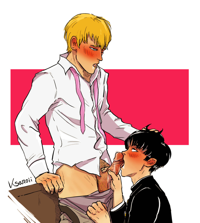 2boys arataka_reigen blowjob drooling gay half-dressed hand_on_another's_head ksaroii male_only mob_psycho_100 shigeo_kageyama