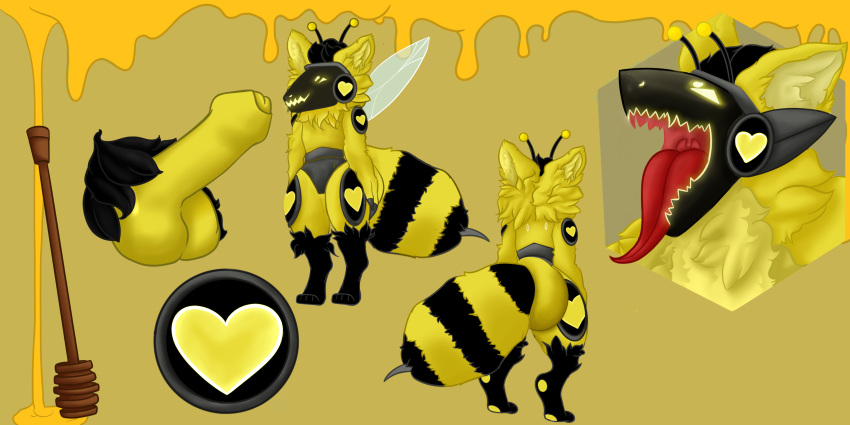 absurd_res anthro arthropod balls bee bumblebutt food foreskin fuzzy genitals heart hi_res honey_(food) hymenopteran insects machine male open_mouth penis protogen solo solo_male stinger toxicleezard wand wings