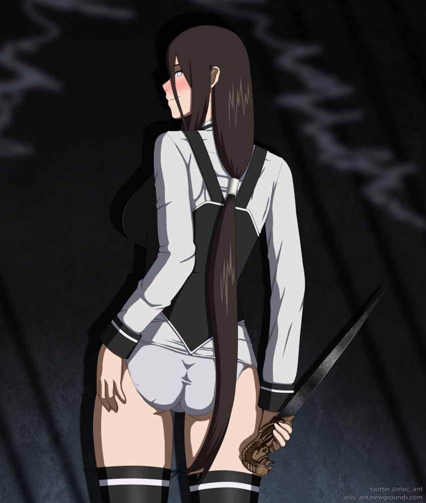 1girls alternate_costume bible_black blush boruto:_naruto_next_generations bottomless brown_hair costume dagger elec-ant evil_dead female female_only from_behind holding_object holding_weapon hyuuga_hanabi lavender_eyes long_hair long_sleeves looking_at_viewer looking_back naruto naruto_(series) outfit panties school_uniform schoolgirl shirt solo solo_focus thighhighs uniform very_long_hair vest weapon