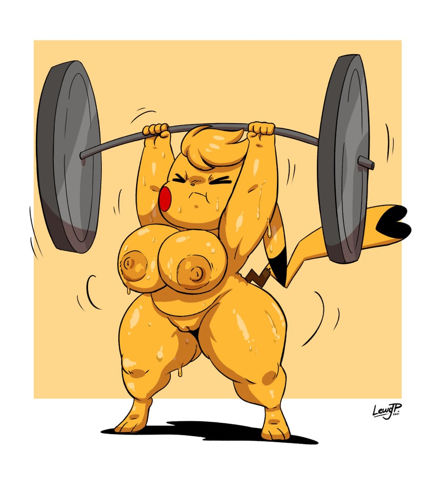 <3_tail 2021 anthro anthrofied areola barbell belly big_breasts bodily_fluids breasts chubby_anthro chubby_female cleft_tail closed_eyes cosplay_pikachu cosplay_pikachu_(character) digital_media_(artwork) dipstick_ears dipstick_tail exercise female generation_1_pokemon genitals hi_res huge_breasts huge_thighs joaoppereiraus kanna_(joaoppereiraus) markings midriff multicolored_ears multicolored_tail muscular_thighs nintendo nipples nude oil_up oiled oiled_up pikachu pokemon pokemon_(species) pokemorph pussy short_stack shortstack signature slightly_chubby solo squish sweat tail_markings thick_thighs thigh_squish video_games weightlifting wide_hips workout