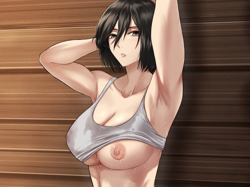 1girls armpits arms_behind_head arms_up attack_on_titan big_breasts black_hair bra female female_only mikasa_ackerman naja_(artist) nipples shingeki_no_kyojin short_hair solo sports_bra sportswear sweat sweat_stain sweating sweaty