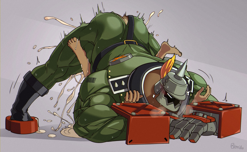 anonymous ass bara big_muscles bk_mita cum fully_clothed gay guilty_gear helmet jack-o_pose male male_only muscles muscular orgasm potemkin sex steamy_breath