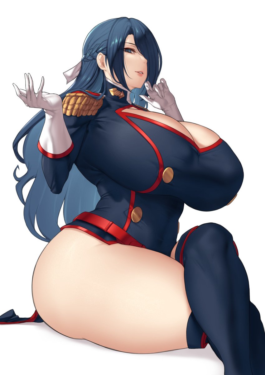 1girls anti-demon_corps_uniform aster_crowley azuma_fubuki belt blue_eyes blue_hair breasts cleavage clothing crossed_legs female female_only gloves hair_ornament hair_over_one_eye hair_ribbon high_resolution huge_breasts large_breasts light-skinned_female light_skin long_hair looking_at_viewer mato_seihei_no_slave milf ribbon simple_background sitting smile solo thick_thighs thighhighs thighs uniform venus_body very_high_resolution white_gloves