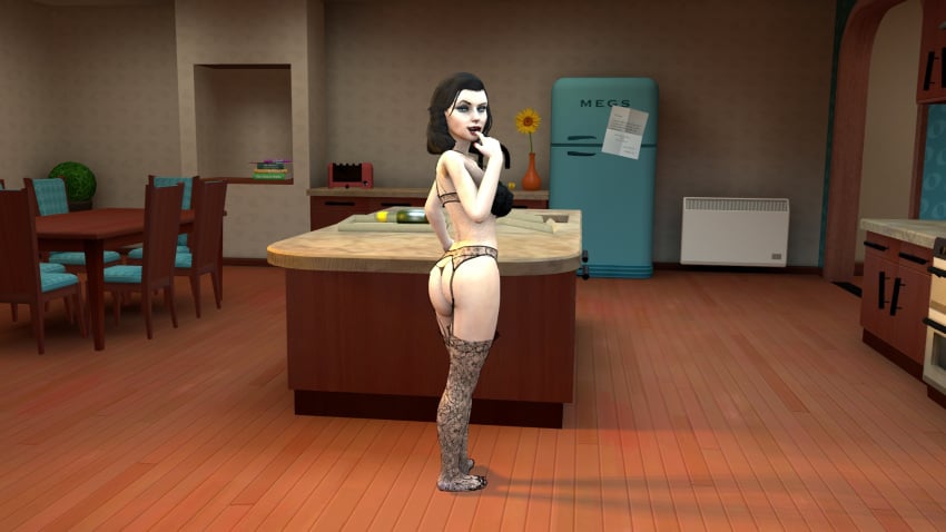 3d arm_up aspysfm ass auty bedroom_eyes big_breasts bioshock bioshock_infinite black_hair bra burial_at_sea detailed_background elizabeth_comstock finger_to_mouth garter_belt garter_straps hair indoors kitchen lace lingerie looking_at_viewer looking_back looking_back_at_viewer medium_breasts panties pose rear_view seductive_look see-through see-through_clothing source_filmmaker stockings thighhighs underwear underweawr