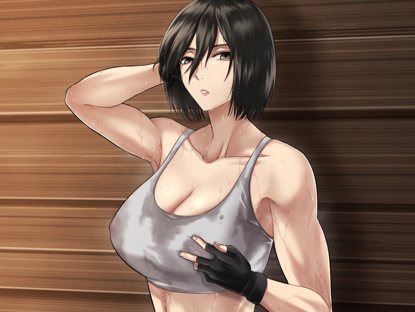 1girls armpits arms_behind_head arms_up attack_on_titan big_breasts black_hair bra female female_only mikasa_ackerman naja_(artist) shingeki_no_kyojin short_hair solo sports_bra sportswear sweat sweat_stain sweating sweaty