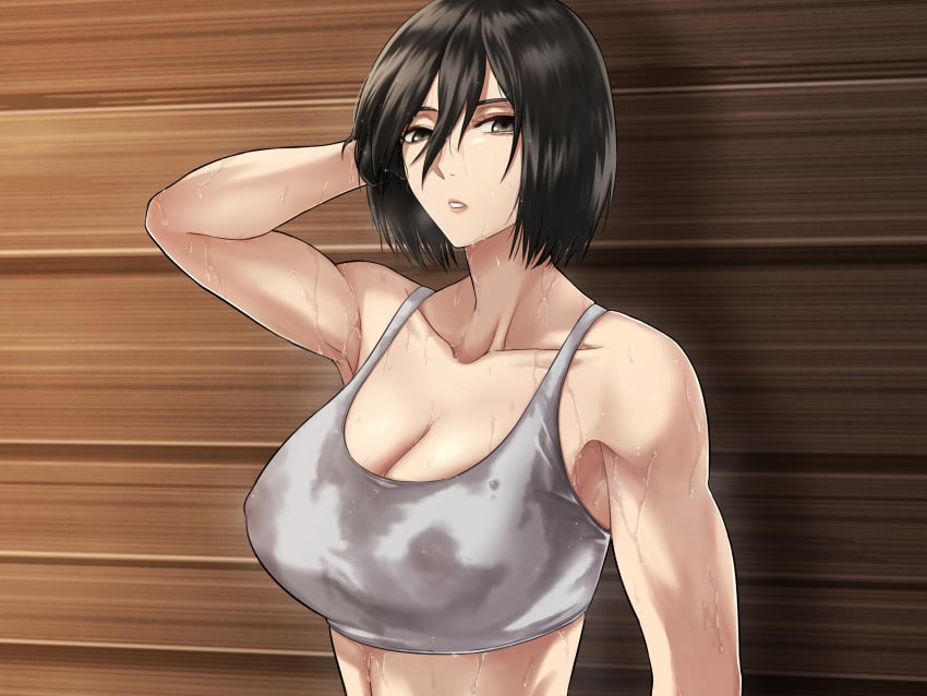 1girls armpits arms_behind_head arms_up attack_on_titan big_breasts black_hair bra female female_only mikasa_ackerman naja_(artist) shingeki_no_kyojin short_hair solo sports_bra sportswear sweat sweat_stain sweating sweaty