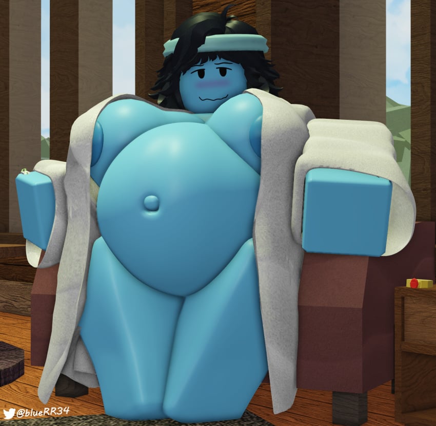 1girls 3d big_belly big_breasts black_hair blue_skin bluerr34 chubby female headband original_character pregnant ring robe roblox robloxian self_upload shiram tagme twitter_username