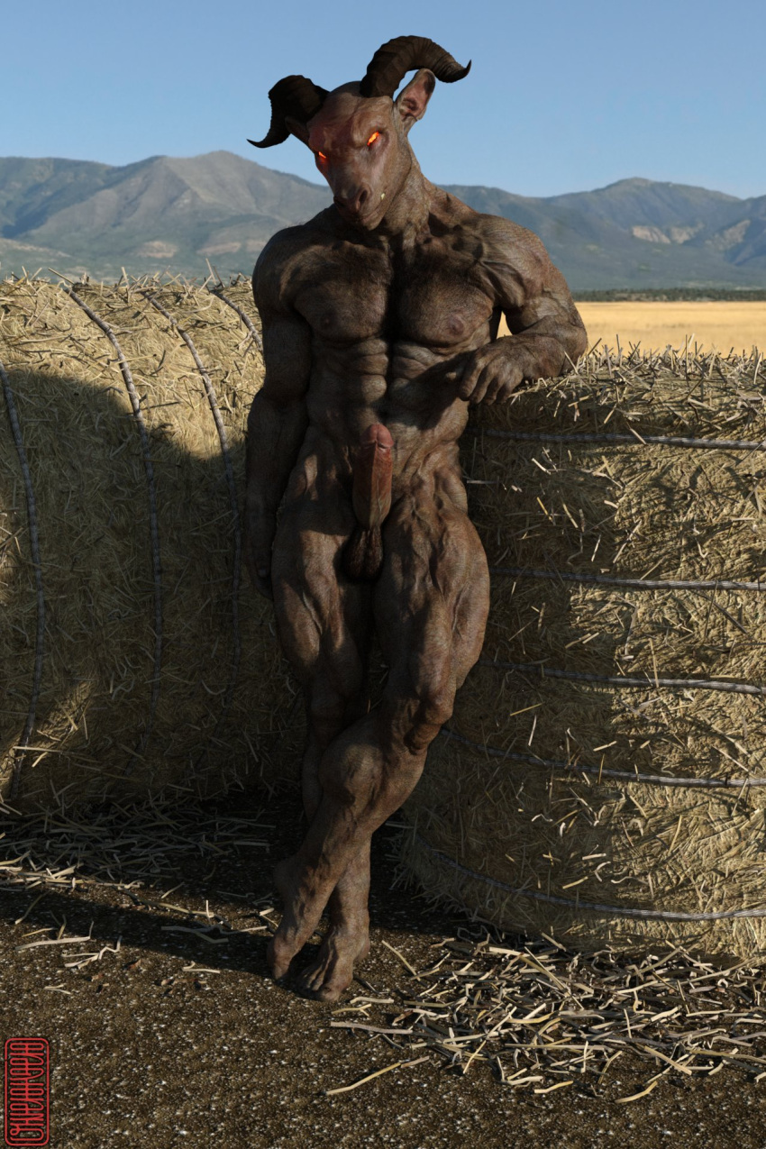 2021 3d_(artwork) abs anthro balls blender_(software) bovid bovine caprine crossed_legs curled_horns digital_media_(artwork) erection european_mythology farm farmland field genitals glowing glowing_eyes goat greek_mythology hay hay_bale hi_res horizon horn humanoid_genitalia looking_at_viewer male mammal minotaur mountain mouth_closed muscular muscular_anthro muscular_male mythology navel nipples nude orange_eyes outside pecs penis shadow smile solo ugnaughtsden veiny_muscles