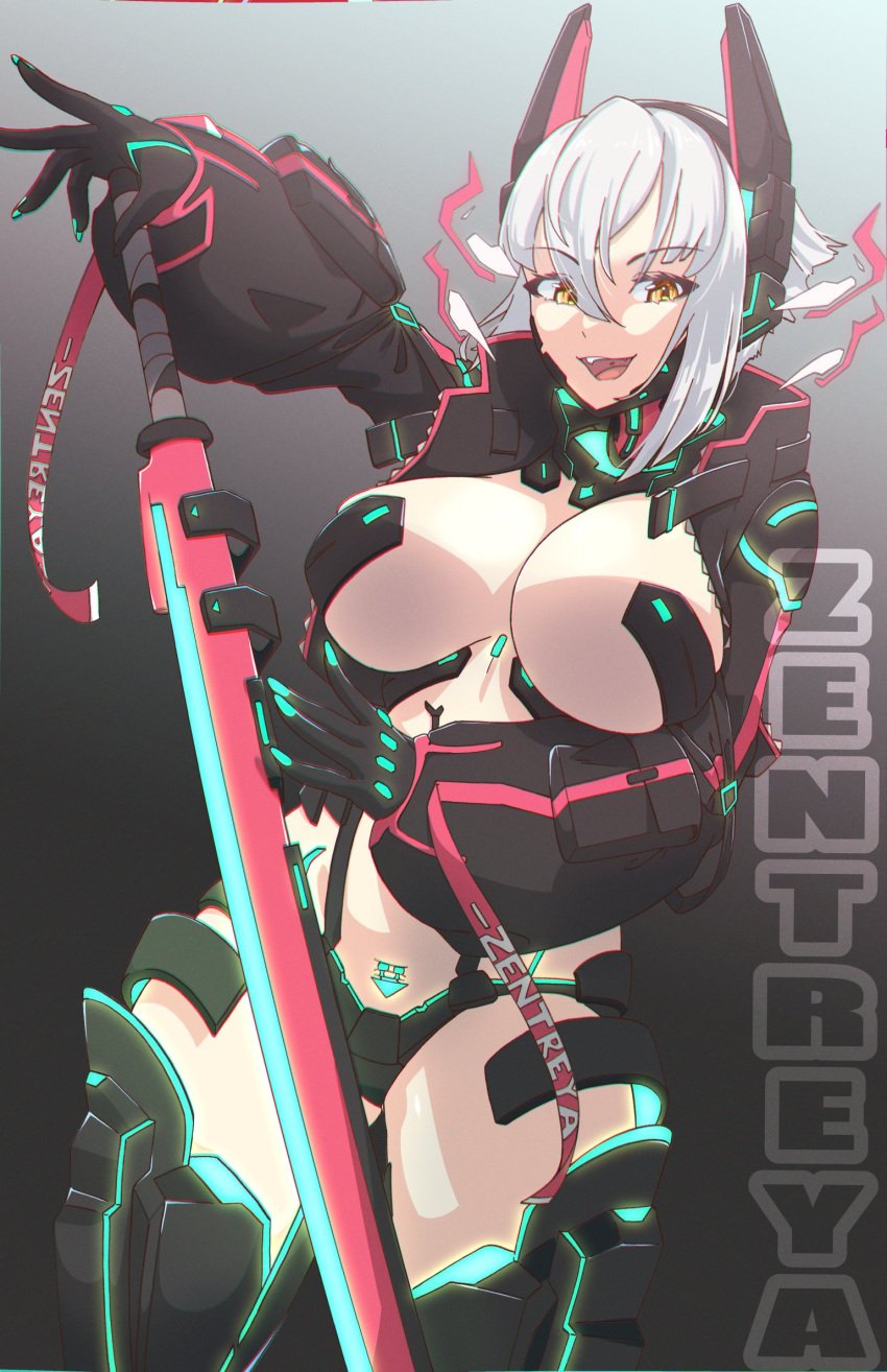 1girls alternate_version_available big_breasts casual clothing cute cybernetics female female_only gloves looking_at_viewer outerwear pale_skin peachcupp pubic_tattoo silver_hair sword thick_thighs virtual_youtuber vshojo weapon zentreya zentreya_(cyborg)