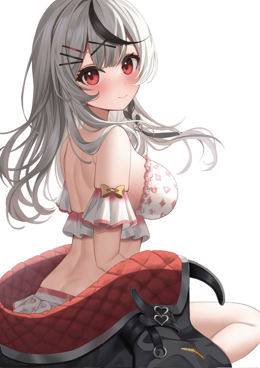 :d back back_view big_breasts female female_focus female_only grey_background hololive hololive_japan holox nikahoshikuzu red_eyes sakamata_chloe short_skirt simple_background smile swimming_ring virtual_youtuber white_background