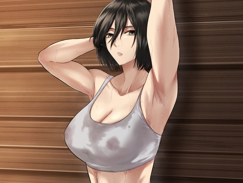 1girls armpits arms_behind_head arms_up attack_on_titan big_breasts black_hair bra female female_only mikasa_ackerman naja_(artist) shingeki_no_kyojin short_hair solo sports_bra sportswear sweat sweat_stain sweating sweaty